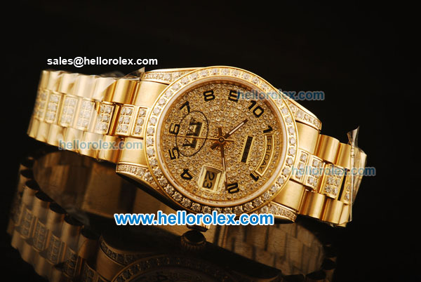 Rolex Day Date Swiss ETA 2836 Automatic Yellow Gold Case with Diamond Dial/Bezel and Gold Diamond Strap - Click Image to Close